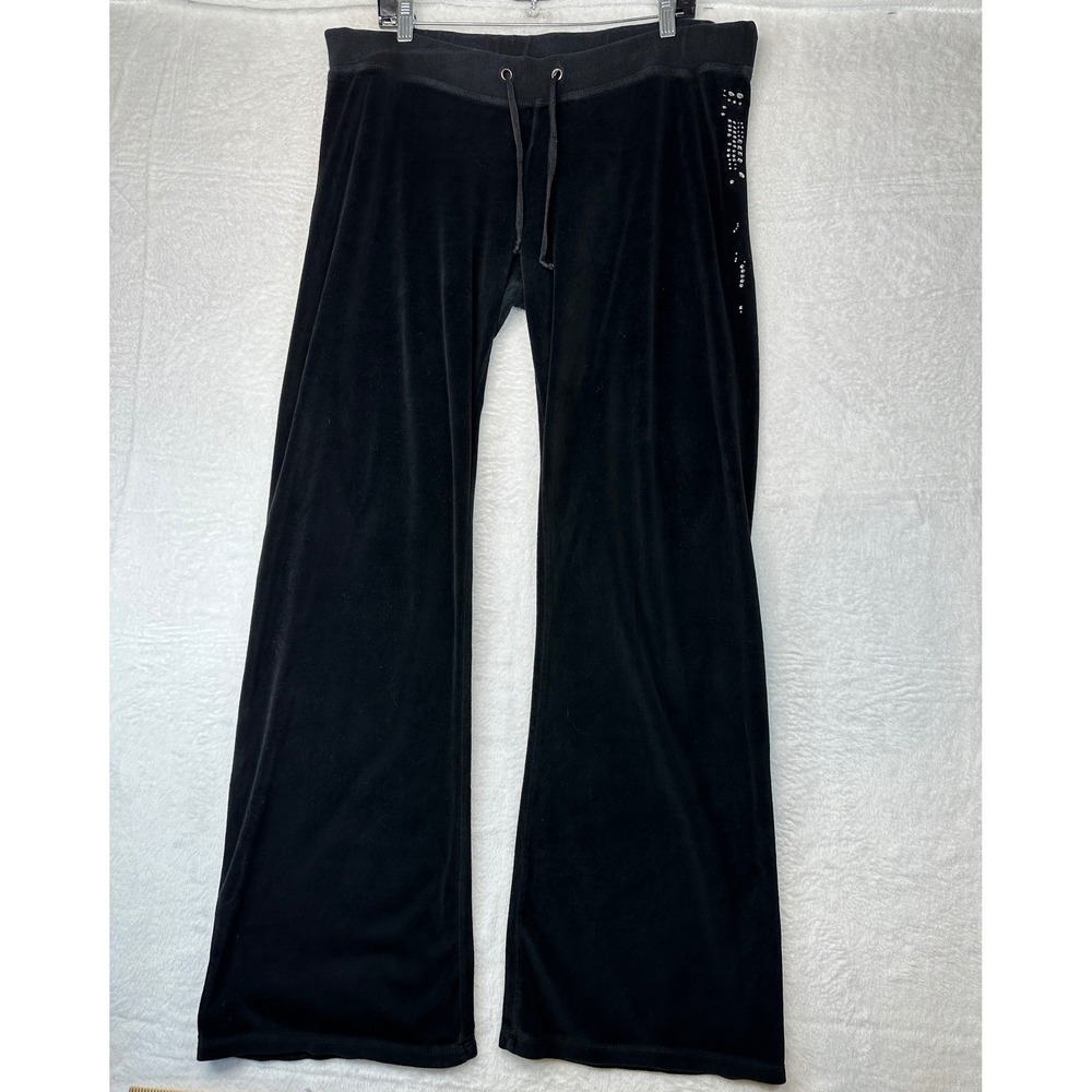 Seven7 Velour Y2K Track Pants Womens XL Black Studded Rhinestone Flare Leg